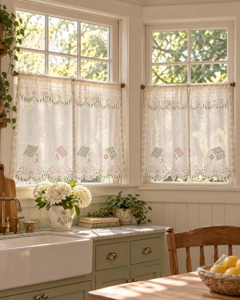 Vintage 80s JC Penney Birdhouse Filet Lace Cafe Curtains 4 Panels Cottagecore
